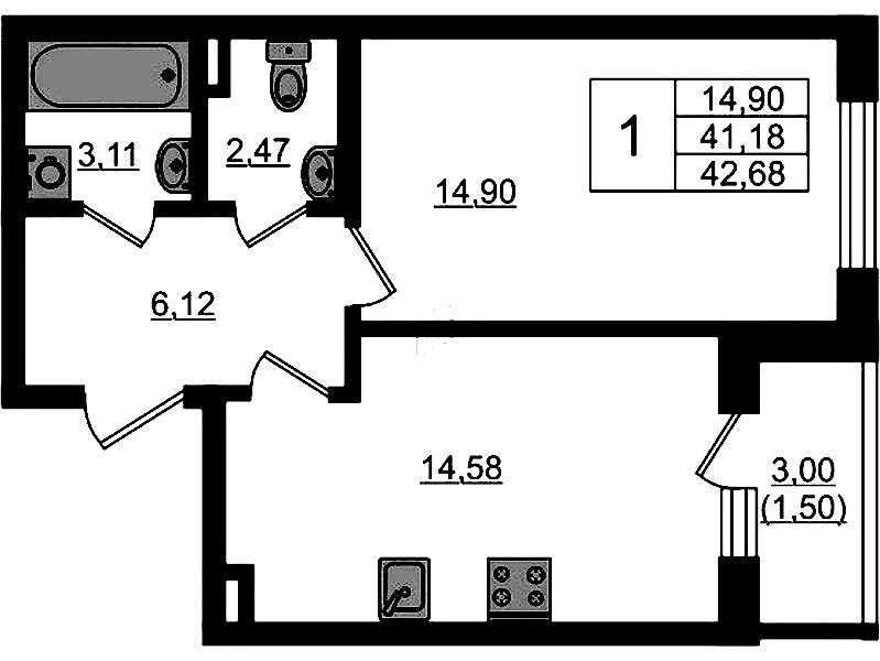 1-комнатная квартира 42.68 м², 1/4 эт., ЖК «Новая история»